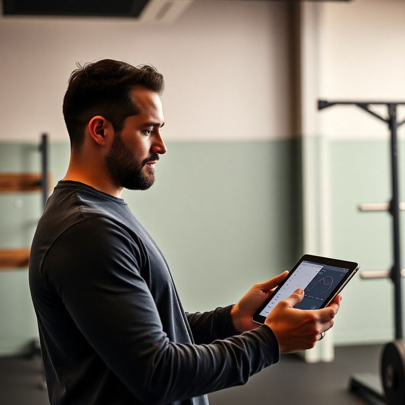 A coach reviewing a member's progress dashboard on a tablet at Modern Collective